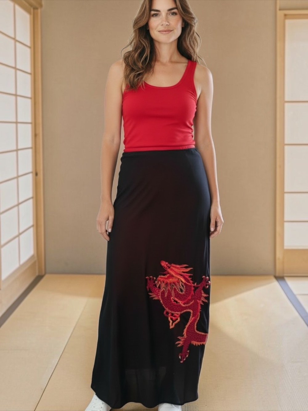 VTG Vivienne Tam Archival Black Mesh Dragon Embroidered Midi Skirt 90s Size M